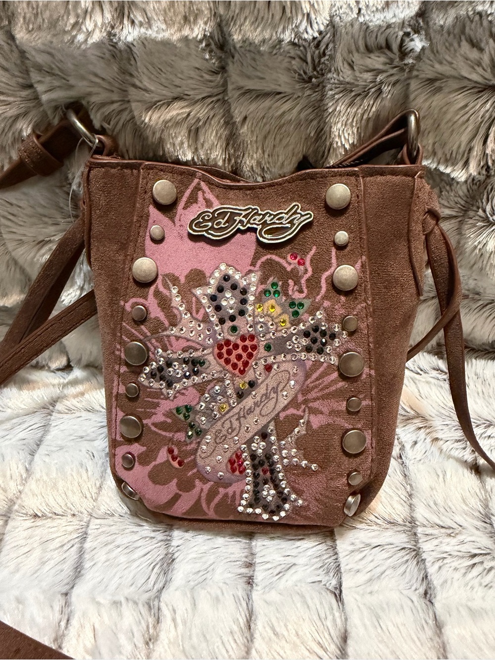 Ed Hardy Brown Suede Phone Crossbody Bag